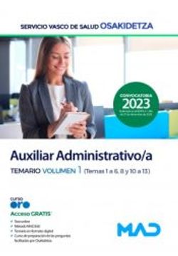 portada Auxiliar Administrativo/A. Temario Vol. 1 Servicio Vasco de Salud Osakidetza
