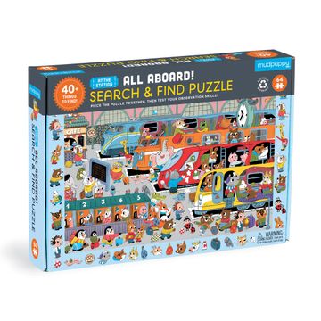 portada Mudpuppy all Aboard! At the Station – 64 Piece Search & Find Puzzle With fun and Challenging Illustrations to Find 40+ Hidden Images for Children Ages 4-7