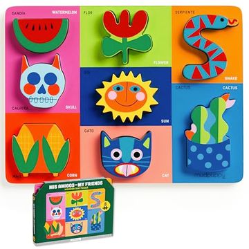 portada Mudpuppy mis Amigos - Wooden Tray Puzzle With 8 Shaped Pieces With Spanish-English Labels From Latinx Heritage and Plywood Tray for Babies and Toddlers