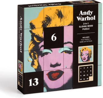 portada Galison Andy Warhol Marilyn – 2 in 1 Sliding Wood Tile Puzzle Featuring Iconic Warhol Marilyn art and Challenging Numbers Puzzle