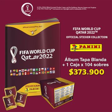 portada Álbum Tapa Blanda + 1 Caja x 104 Sobres Fifa Mundial Qatar 2022