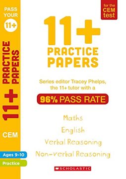 portada 11+ Practice Papers for the cem Test: Tests for English, Verbal Reasoning, Maths and Non-Verbal Reasoning (Ages 9-10) by Tracey Phelps, the Tutor With a 96% Pass Rate. (Pass Your 11+) (en Inglés)