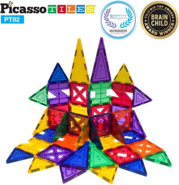 PicassoTiles™ Set de construccion 82 Piezas + 2 Automoviles de Imanes (magnéticos, 3D), color transparente Educativo, inspirador, convencional, recreativo