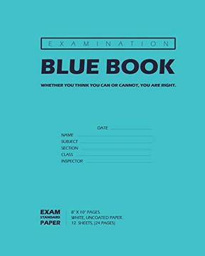 portada Examination Blue Book, Wide Ruled, 12 Sheets (24 Pages), Blank Lined, Write-In Booklet (Royal Blue) (in English)