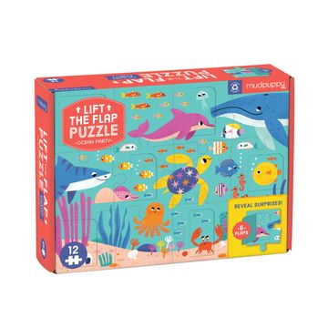 portada Mudpuppy Ocean Party Lift-The-Flap Puzzle, 12 Pieces, 18” x 13. 75” – Jigsaw Puzzle Featuring Friendly Ocean Animals With 6 Flaps to Reveal Surprises, Exciting Activity Kids for Ages 2+, Multicolor