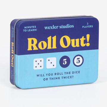 portada Galison Roll Out! Game – Fun, Easy to Play Dice Game for Kids, Ideal for 2 Players, Ages 6+ – Convenient Storage tin and Instructions Included, Great Travel Activity for Kids
