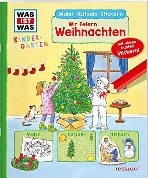 portada Was ist was Kindergarten Malen Rätseln Stickern wir Feiern Weihnachten (en Alemán)