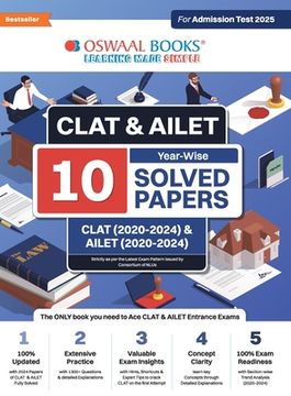 portada Oswaal CLAT & AILET 10 Previous Years Solved Papers - Year-Wise CLAT (2020 -2024) & AILET (2020 - 2024) For Admission Test 2025 (en Inglés)