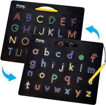 portada PicassoTiles™ Tablero 2 en 1 de alfabeto magnético de doble cara ABC AZ mayúscula y minúscula, tablero de lectura de letras con imán grande para tableta de aprendizaje