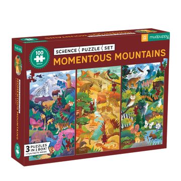 portada Momentous Mountains Science Puzzle set From Mudpuppy, Includes Three 100-Piece Puzzles With Colorful Illustrations of Famous Mountain Ranges, Ages 6+, Trifold Insert With fun Science Facts Included