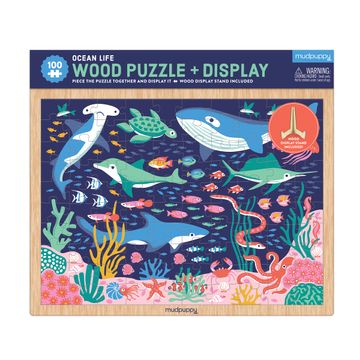 portada Mudpuppy’S Ocean Life 100 Piece Wood Puzzle, Includes Colorful Illustrations of Your Favorite Ocean Animals, Ages 5+, Display Stand Included, Turn Your Puzzle Into Home Décor!