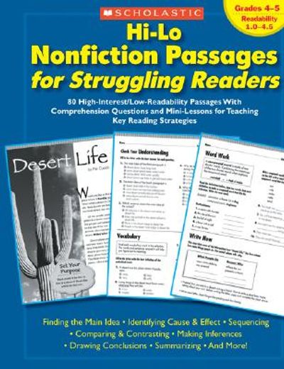 hi-lo nonfiction passages for struggling readers,grades 4-5, readability 1.0-4.5: 80 high-interest/low-readability passages with comprehension questi (en Inglés)